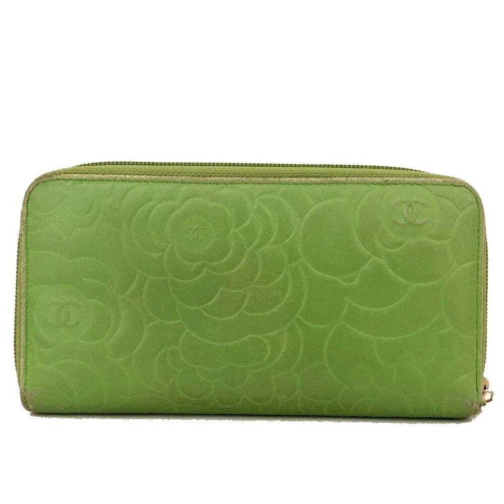 EGA CHANEL Camellia CC Logo Lambskin Zip Around Long Wallet Green*/8BL0389 - Picture 4 of 8